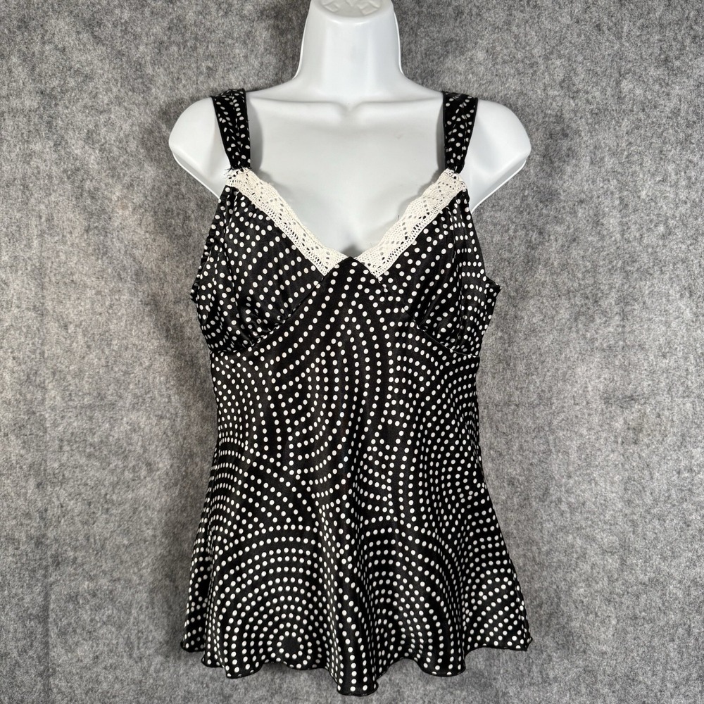 Y2K Satin Babydoll Camisole Top Womens Large Black Polka Dot Lace‎ Fairy Classy